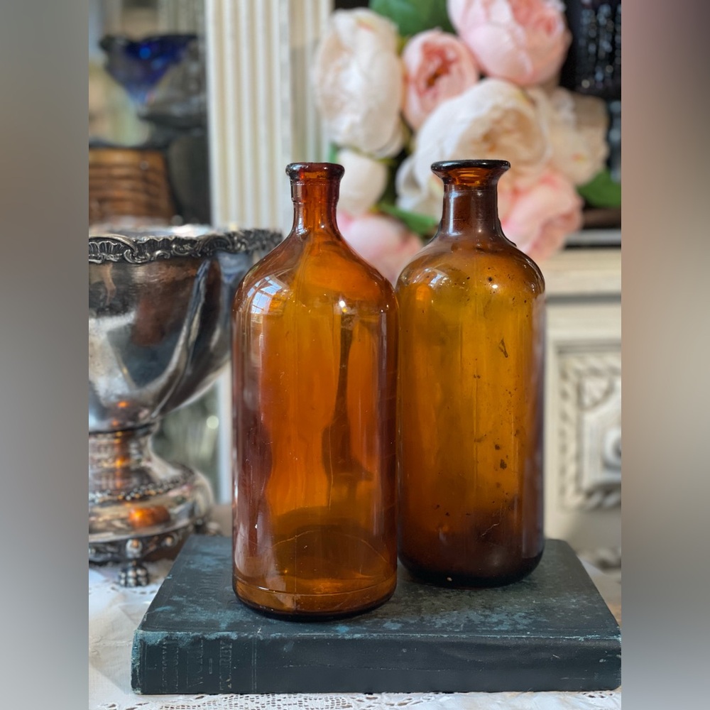 Antique 1920s brown glass Clorox bottles Apocathary dark academia decor